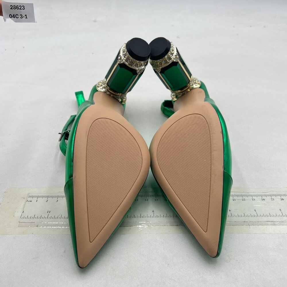 FSJ Green Slingback Crystal High Heel Pointed Toe Ankle Strap Dress Pumps - Picture 7 of 8